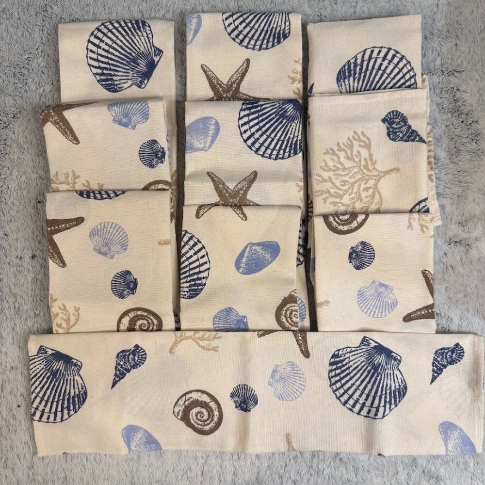 Set of 10 Colordrift Fabric Napkins Sea Shell Beach 18in square Tan Blue Brown